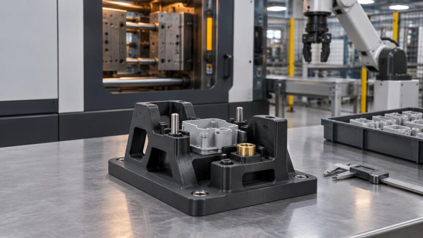 Black 3D-printed inspection and insert-loading fixture holding a gray molded part on a metal worktable, with an injection-molding machine and robotic arm in the background.