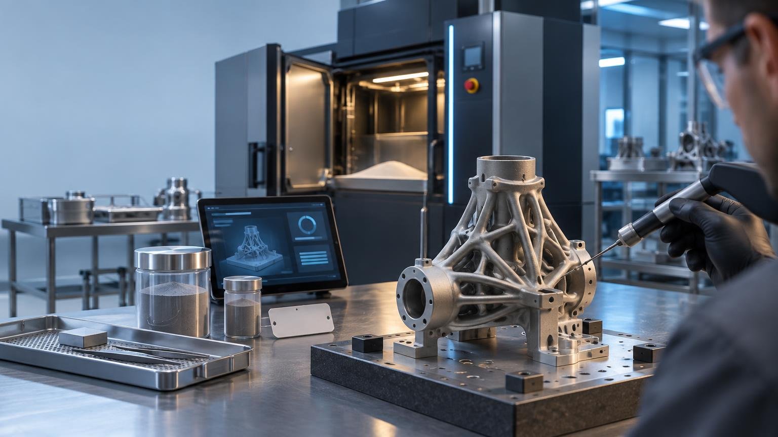 Technician wearing safety glasses inspects a complex metal lattice component beside an industrial 3D printer, metal powder containers, and a computer display in a clean manufacturing lab.