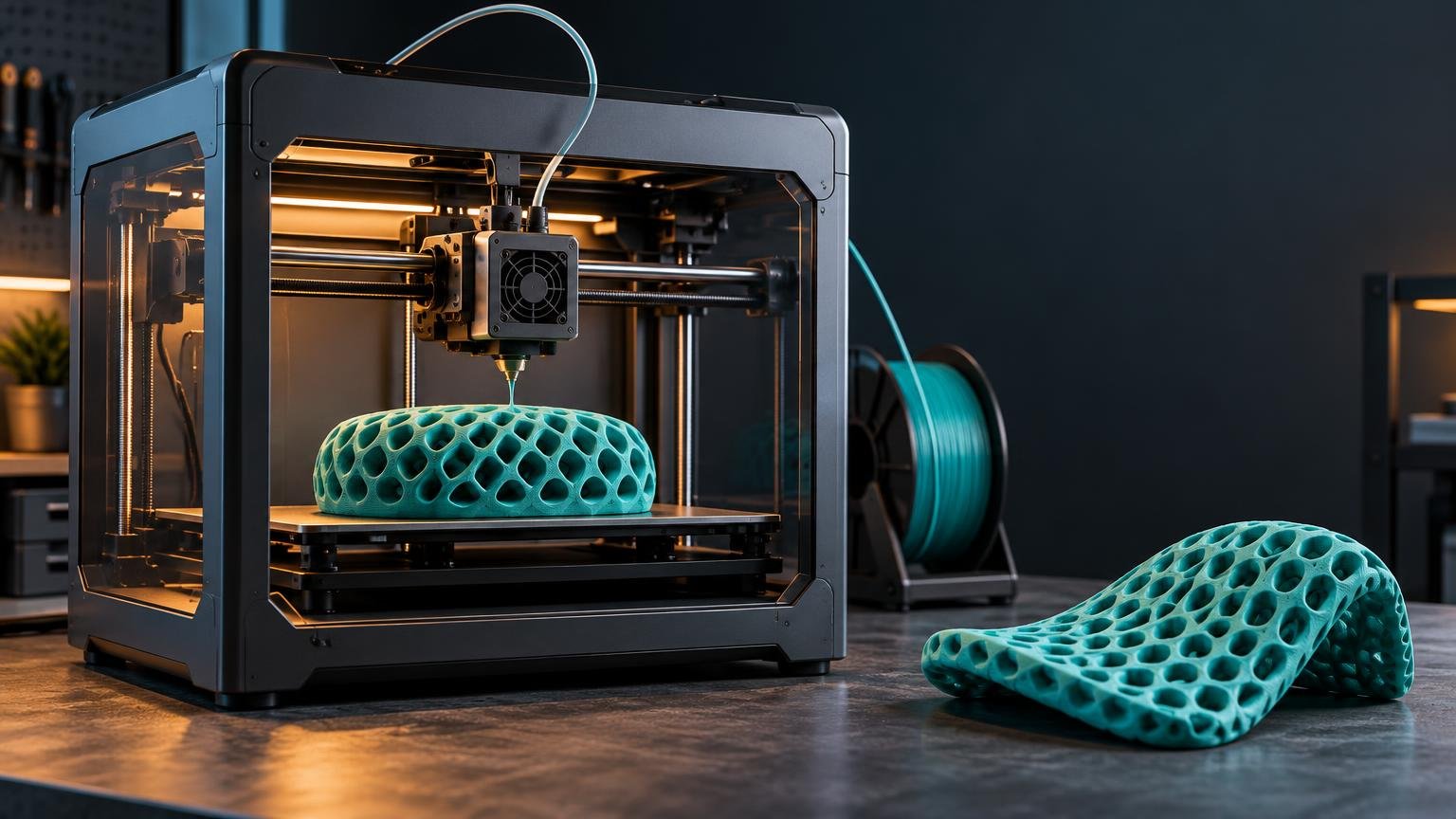 Enclosed desktop 3D printer producing a turquoise lattice object, with a matching flexible-looking lattice shoe-shaped piece on the workbench and a turquoise filament spool behind it.