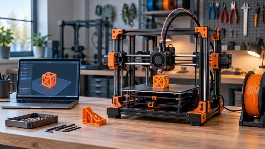 Open-frame black and orange filament 3D printer on a workshop bench, printing an orange lattice cube beside a laptop displaying a 3D model and an orange filament spool.