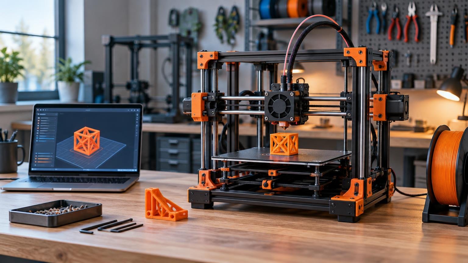 Open-frame black and orange filament 3D printer on a workshop bench, printing an orange lattice cube beside a laptop displaying a 3D model and an orange filament spool.