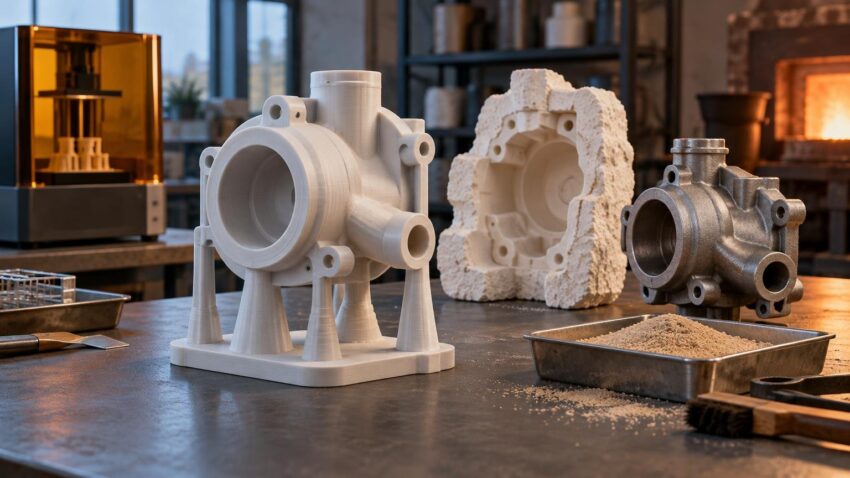 A white 3D-printed pump housing pattern on support pillars sits beside a broken ceramic casting mold and a finished metal housing on a workshop bench.