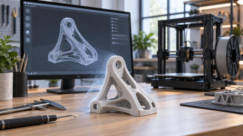 A white 3D-printed structural bracket sits on a workbench beside calipers and tools, with its wireframe model displayed on a monitor and a filament-based desktop 3D printer in the background.