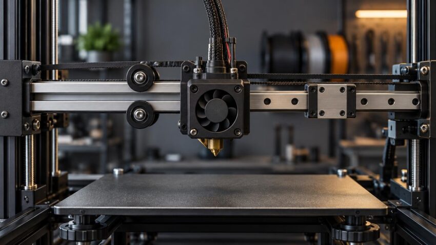 Close-up of a desktop FDM 3D printer gantry showing black V-wheels on an aluminum extrusion at left, a linear guide rail and carriage at right, and a central print head above the build plate.