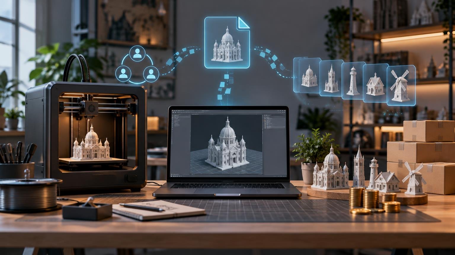 Desktop 3D printer and laptop showing a cathedral model, surrounded by small printed building models, filament, shipping boxes, coins, and glowing file-sharing graphics in a maker workspace.
